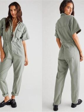 NWT Free People We The Free Marci Denim Jumpsuit - Washed Army - Size S